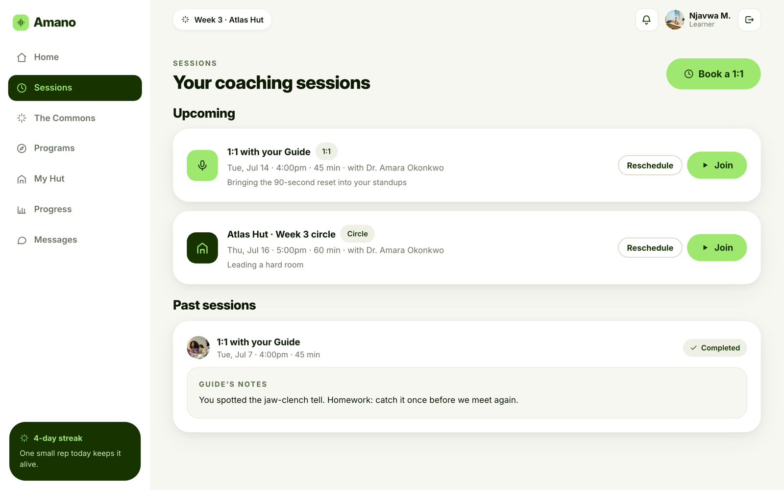 Coaching sessions: upcoming 1:1 and circle sessions with the guide's notes.